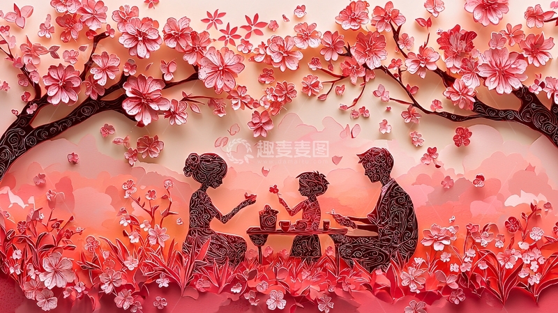 樱花树下家庭野餐