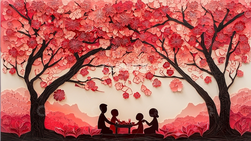 高清大图下载【趣麦麦图】粉色樱花树下家庭野餐