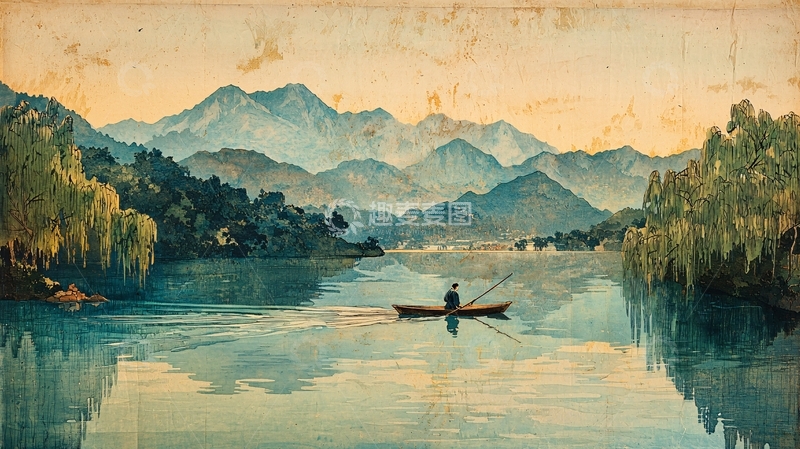 高清大图下载【趣麦麦图】-山峦湖泊垂钓图