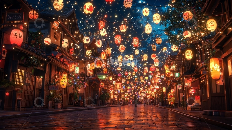 高清大图下载【趣麦麦图】夜晚街道悬挂灯笼