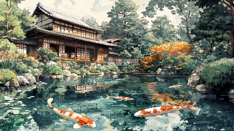高清大图下载【趣麦麦图】日式庭院风景画
