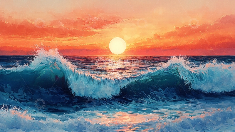高清大图下载【趣麦麦图】海浪拍打海岸线日落