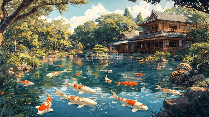高清大图下载【趣麦麦图】日式庭院锦鲤池塘
