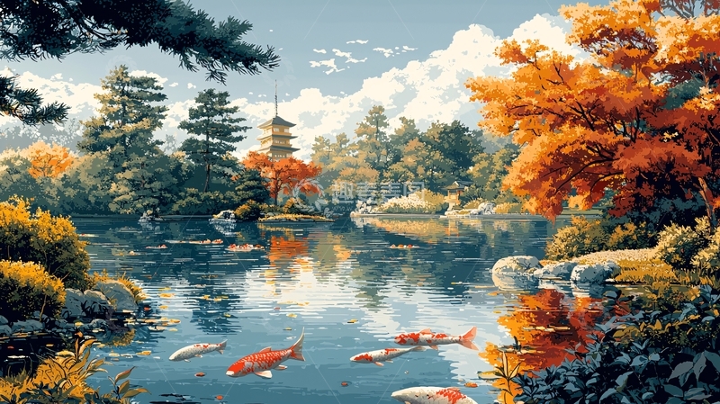 高清大图下载【趣麦麦图】秋日日式庭院风景