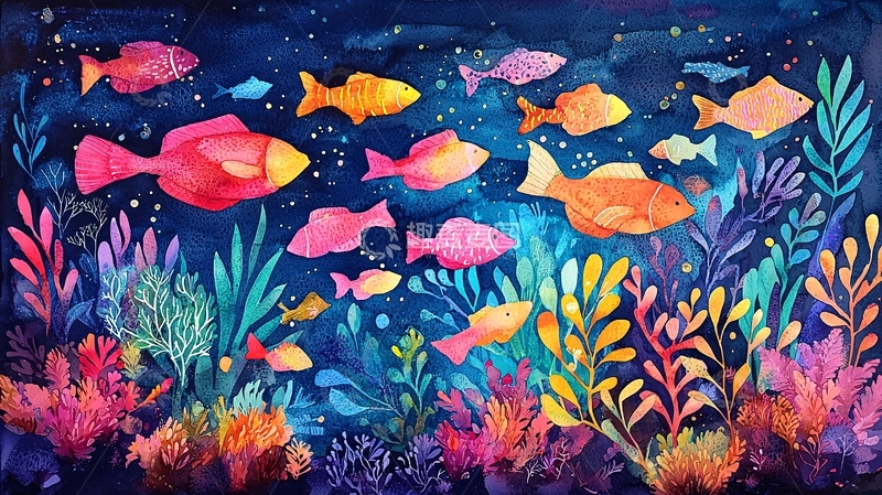 高清大图下载【趣麦麦图】水彩星空鱼群