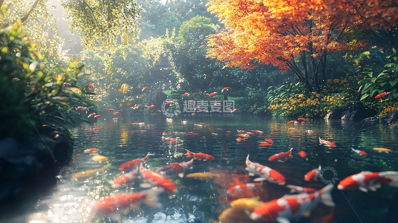 高清大图下载【趣麦麦图】阳光下的锦鲤池塘