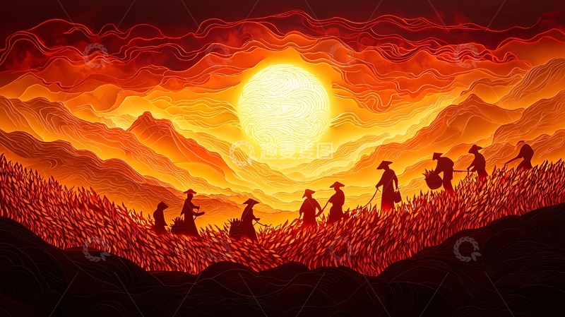 高清大图下载【趣麦麦图】夕阳西下远行队伍