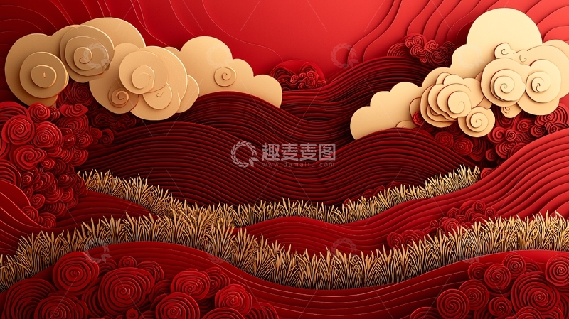 高清大图下载【趣麦麦图】红色祥云剪纸背景