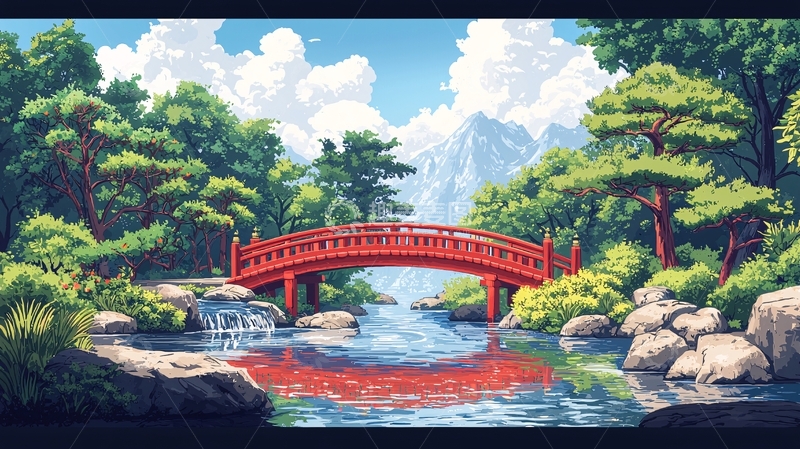 高清大图下载【趣麦麦图】红桥流水山景图