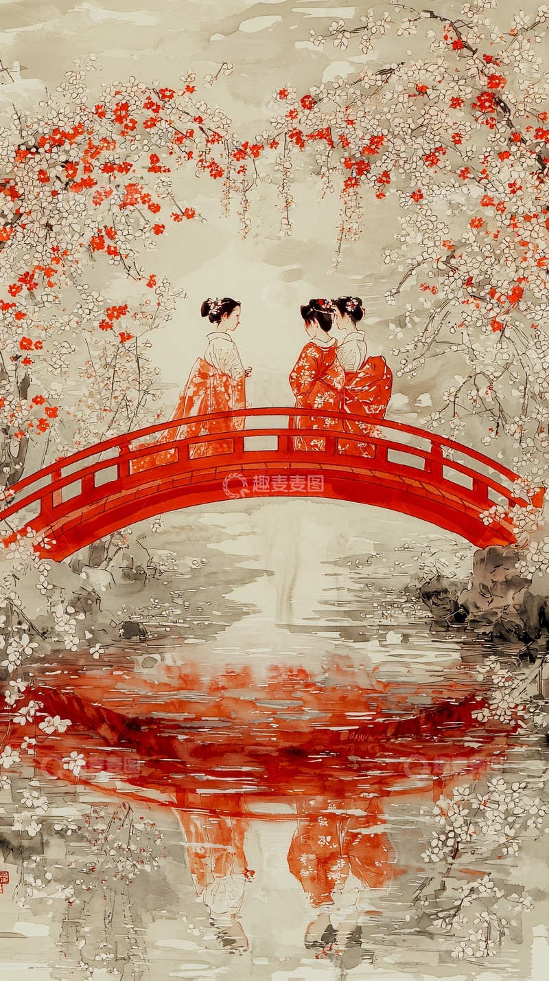 高清大图下载【趣麦麦图】红桥樱花女子图