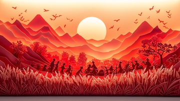 红色剪纸山水画