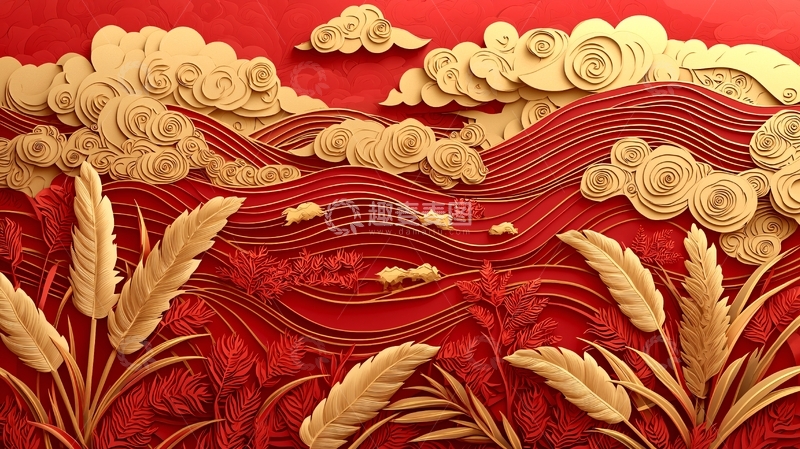 高清大图下载【趣麦麦图】红色金色祥云山水