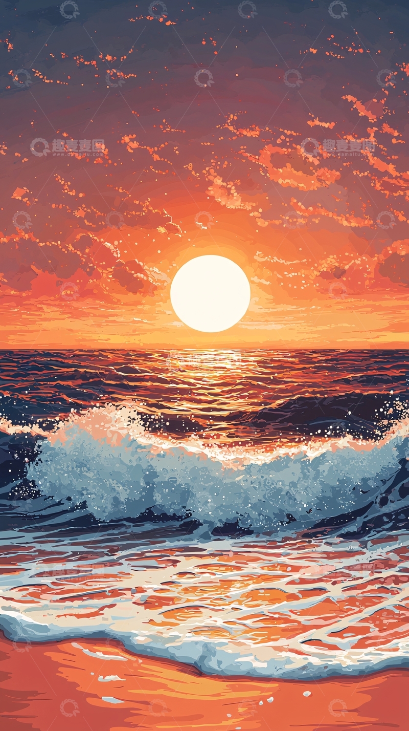 高清大图下载【趣麦麦图】日落海浪沙滩