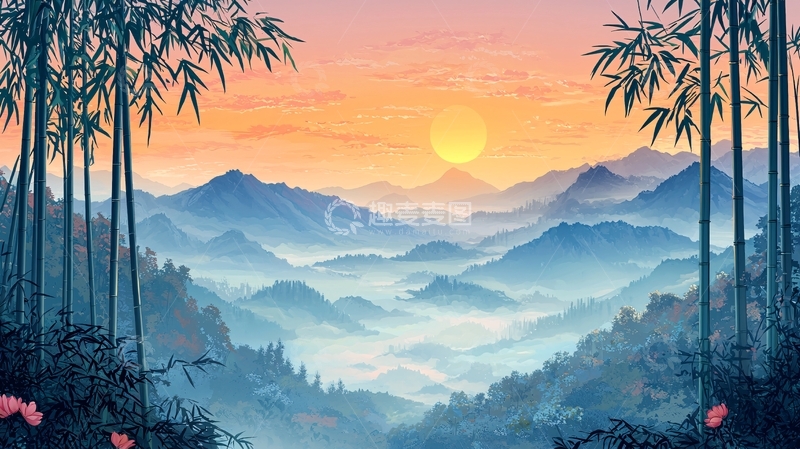 高清大图下载【趣麦麦图】清晨竹林山峦日出