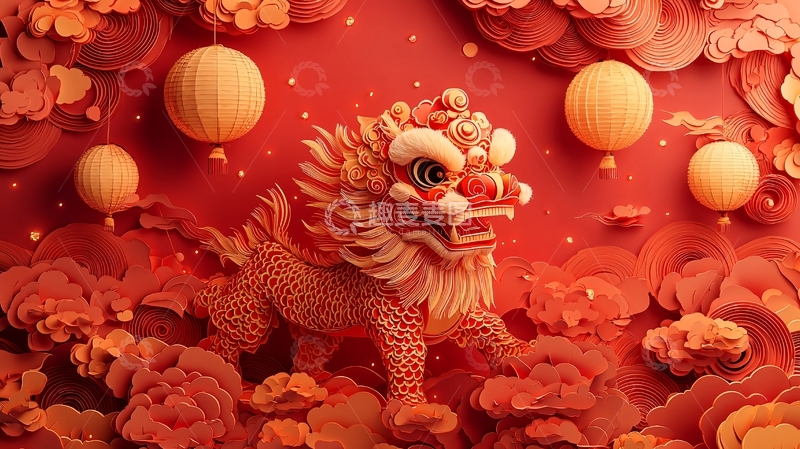 高清大图下载【趣麦麦图】红色祥云舞狮