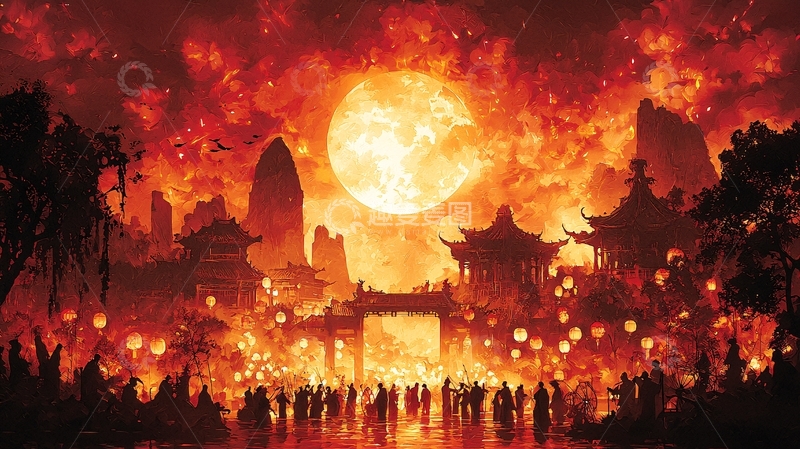 高清大图下载【趣麦麦图】血月下的古代城镇