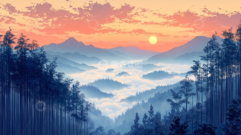 高清大图下载【趣麦麦图】日出山峦云海雾气