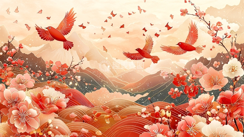 高清大图下载【趣麦麦图】红鸟飞翔山峦花海