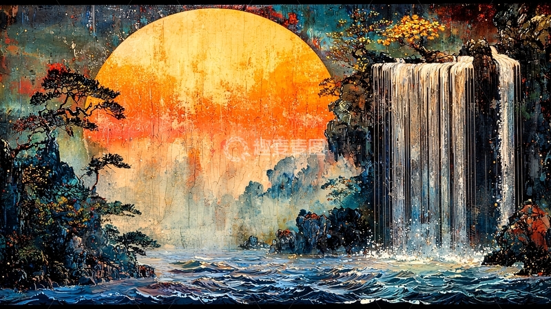 高清大图下载【趣麦麦图】巨幅日落瀑布山水画