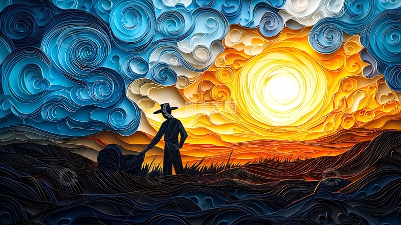 高清大图下载【趣麦麦图】剪纸风格日落农夫