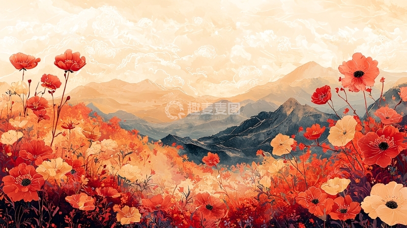 高清大图下载【趣麦麦图】红色罂粟花山峦风景