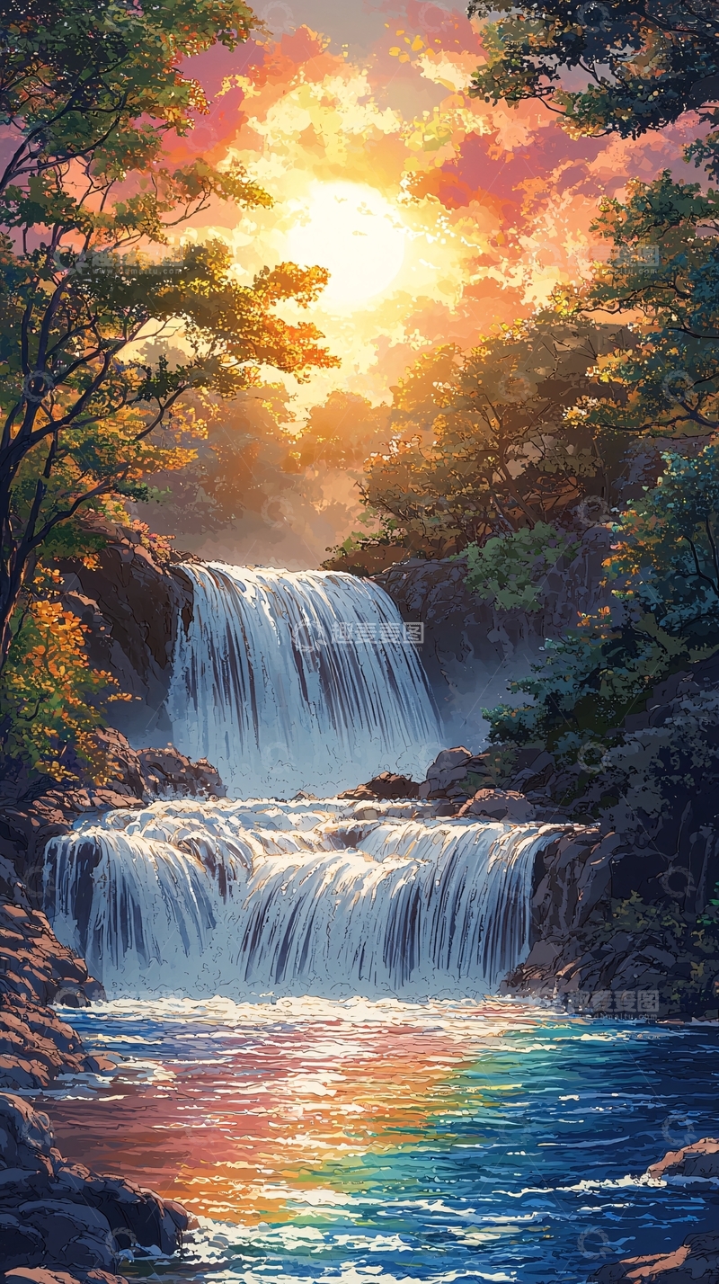 高清大图下载【趣麦麦图】日落瀑布彩虹风景画