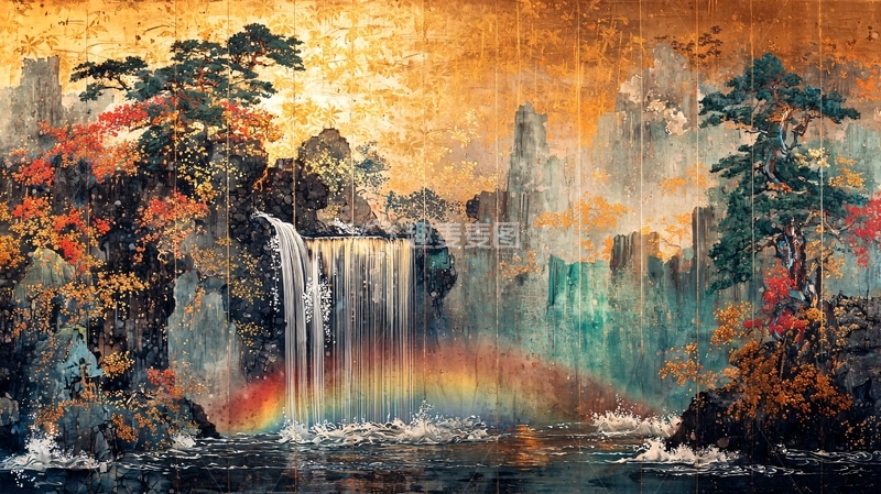 高清大图下载【趣麦麦图】金色瀑布彩虹风景画