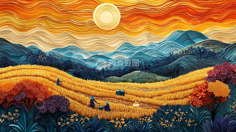 高清大图下载【趣麦麦图】夕阳麦田山峦剪纸风