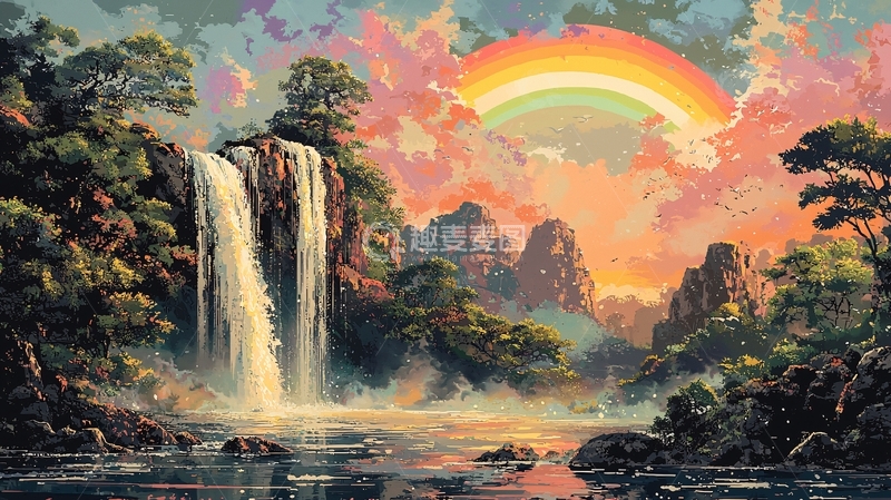 高清大图下载【趣麦麦图】彩虹瀑布梦幻仙境