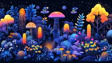 夜空下的发光菌菇森林
