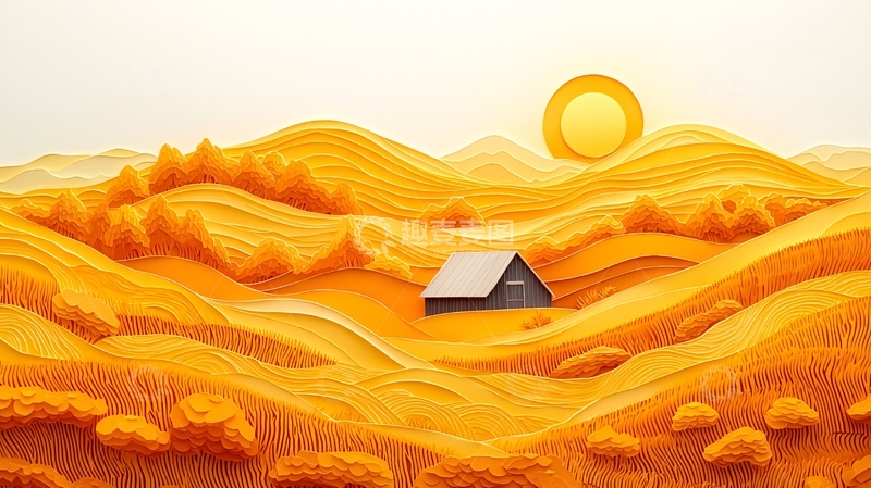 高清大图下载【趣麦麦图】温暖阳光下的金色山丘小屋