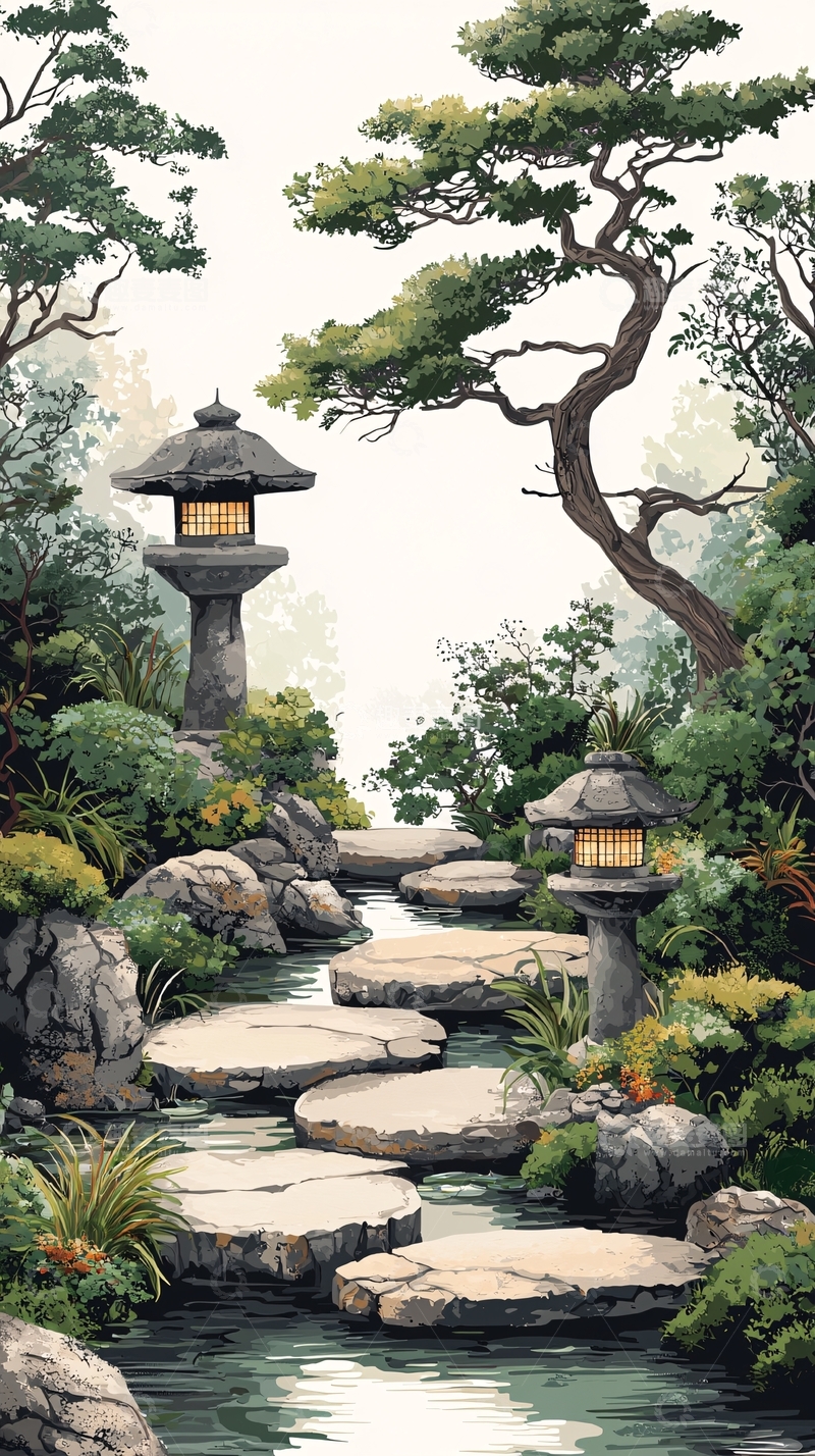 高清大图下载【趣麦麦图】日式庭院石板路