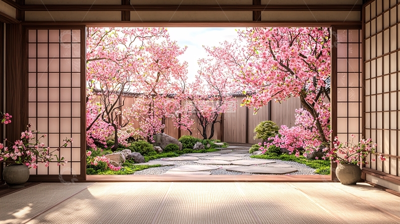 高清大图下载【趣麦麦图】日式庭院樱花景色