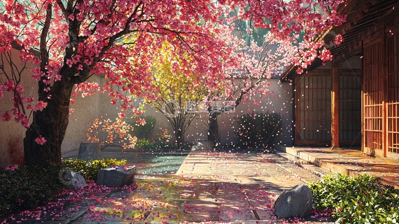 高清大图下载【趣麦麦图】粉色樱花树下的日式庭院