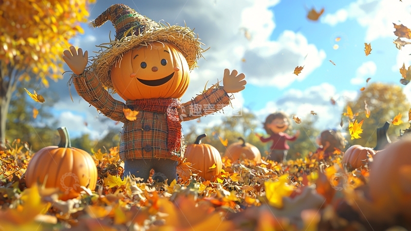 高清大图下载【趣麦麦图】秋日南瓜稻草人