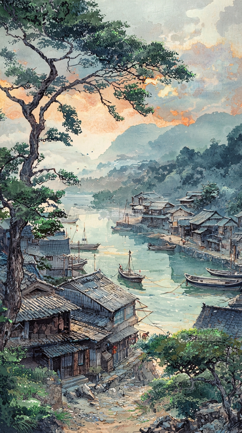 高清大图下载【趣麦麦图】日式小镇风景画