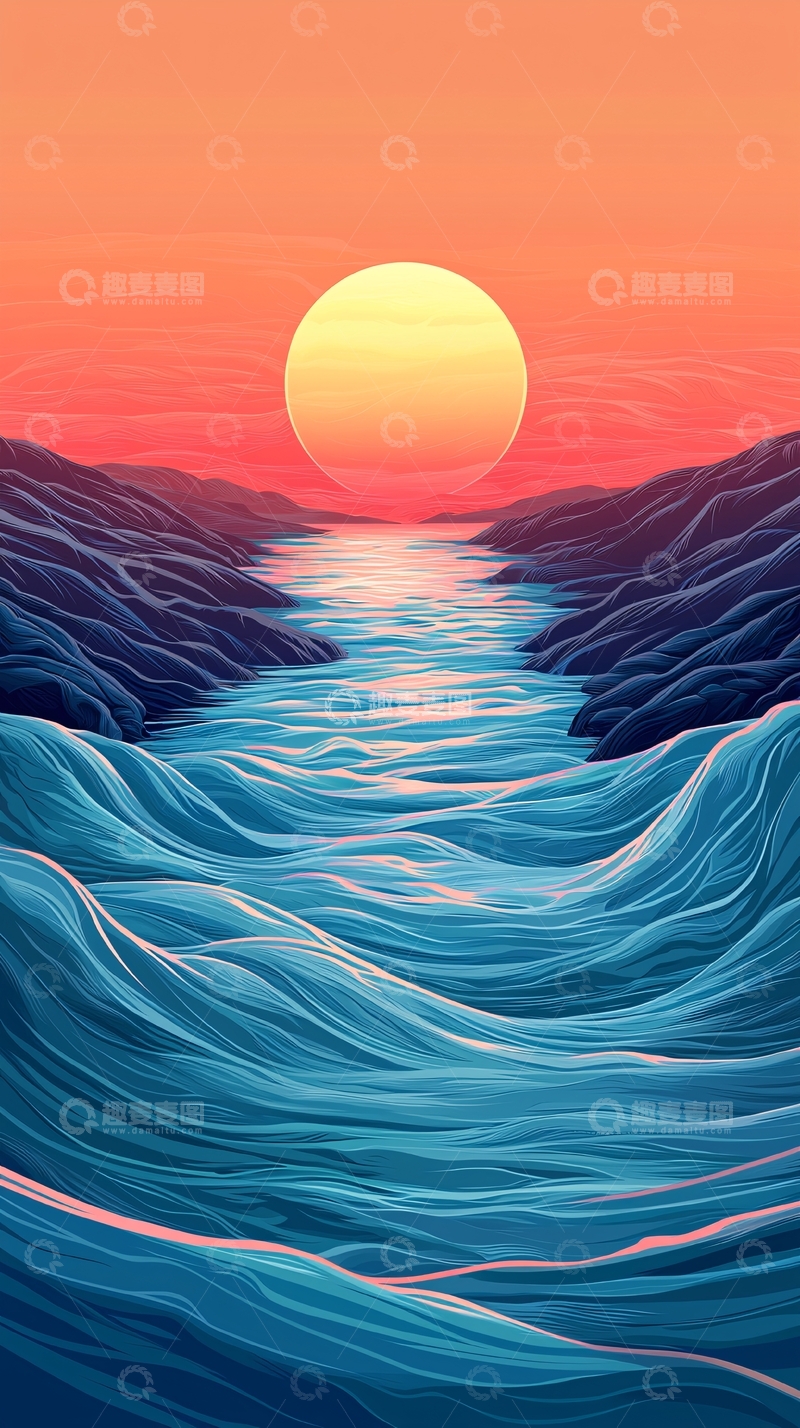 高清大图下载【趣麦麦图】日落海景抽象画
