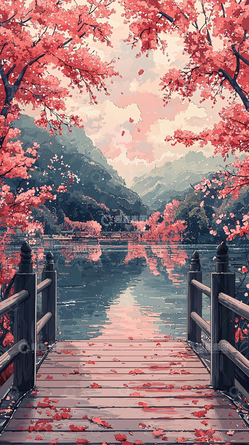 高清大图下载【趣麦麦图】粉色樱花湖边木桥
