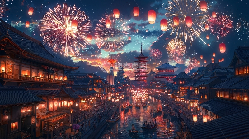 高清大图下载【趣麦麦图】夜色下的古镇烟火盛景