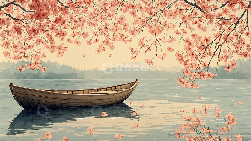 高清大图下载【趣麦麦图】樱花树下小船