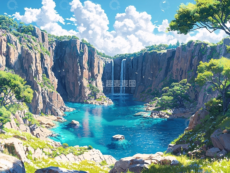 高清大图下载【趣麦麦图】峡谷瀑布风景画