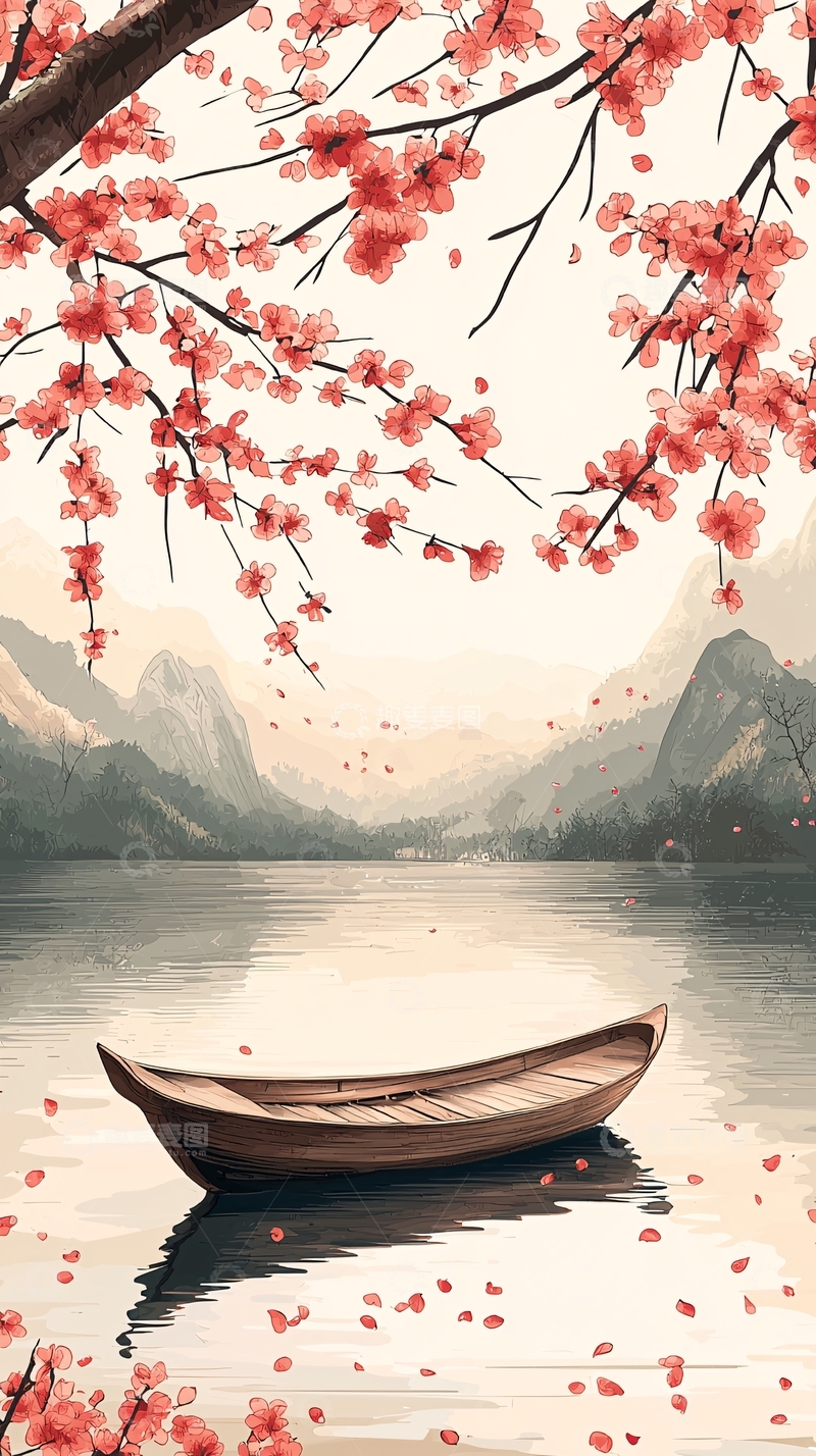 高清大图下载【趣麦麦图】樱花湖泊小船