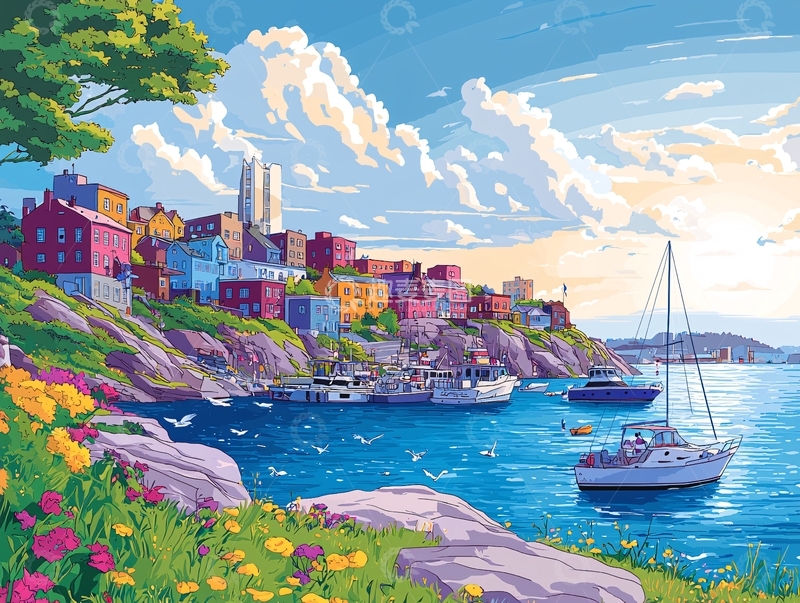 高清大图下载【趣麦麦图】彩色小镇海景