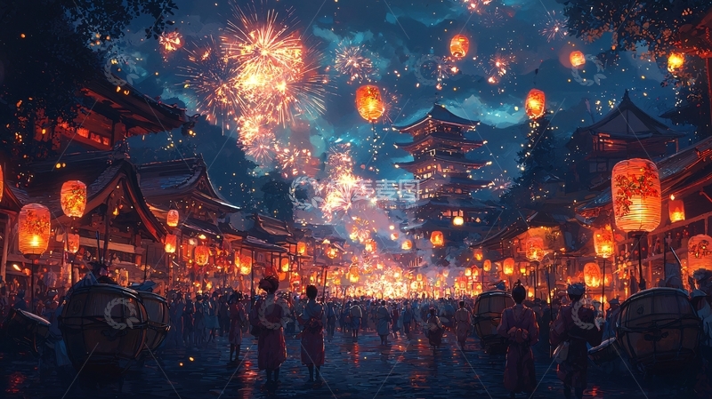 高清大图下载【趣麦麦图】夜晚祭典烟火盛景