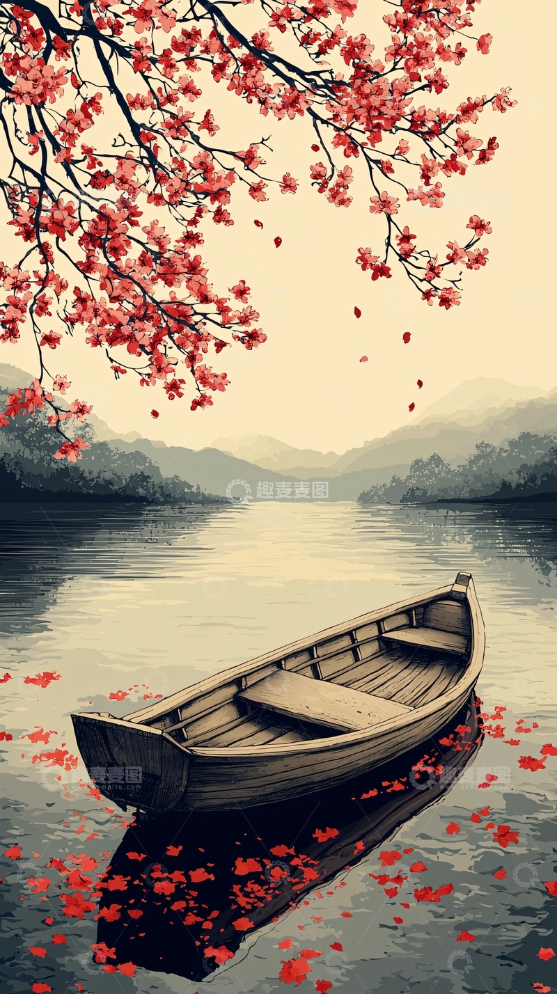 高清大图下载【趣麦麦图】平静湖面小船樱花