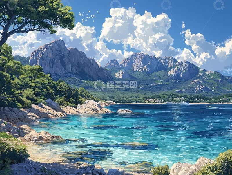 高清大图下载【趣麦麦图】阳光明媚海边山峰景色