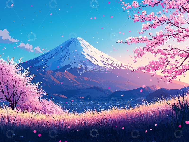 高清大图下载【趣麦麦图】富士山樱花粉红梦幻
