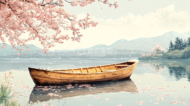 高清大图下载【趣麦麦图】樱花树下的小船