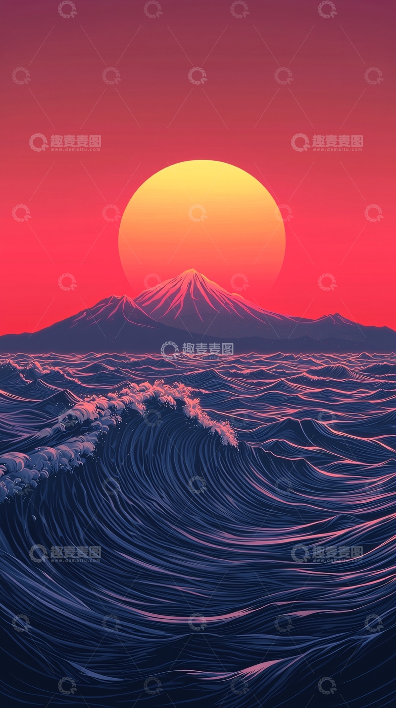 高清大图下载【趣麦麦图】日落富士山海浪