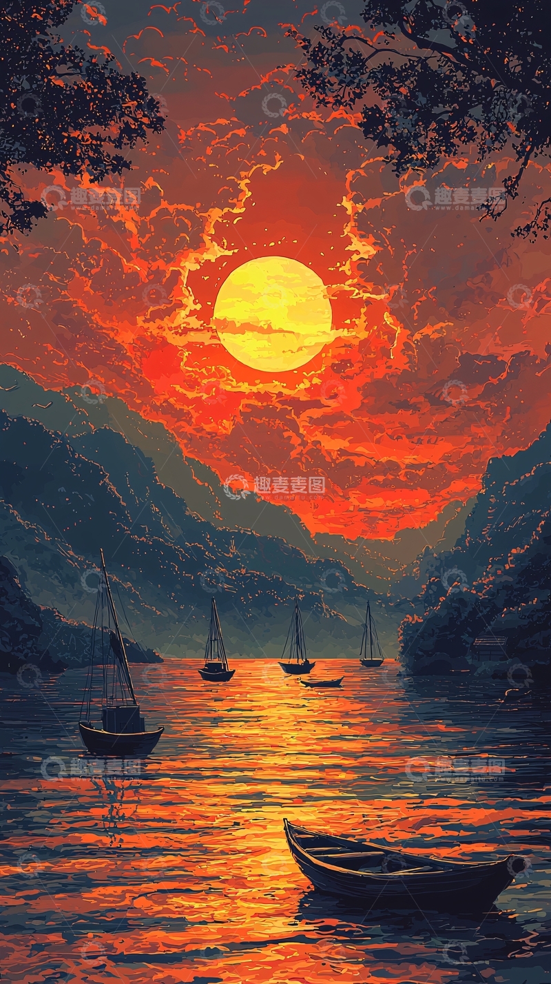 高清大图下载【趣麦麦图】日落余晖下的宁静海湾